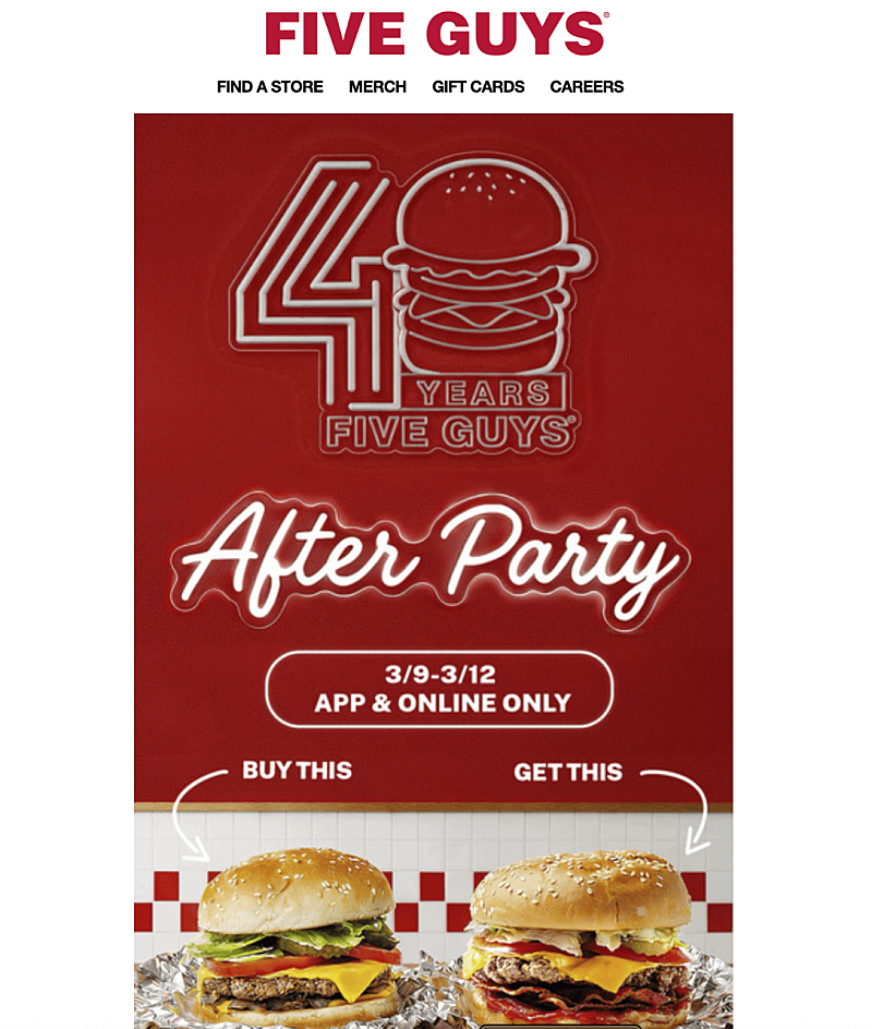 미국 전 지역 Five Guys 1+1 행사 (3/9 ~ 3/12)
