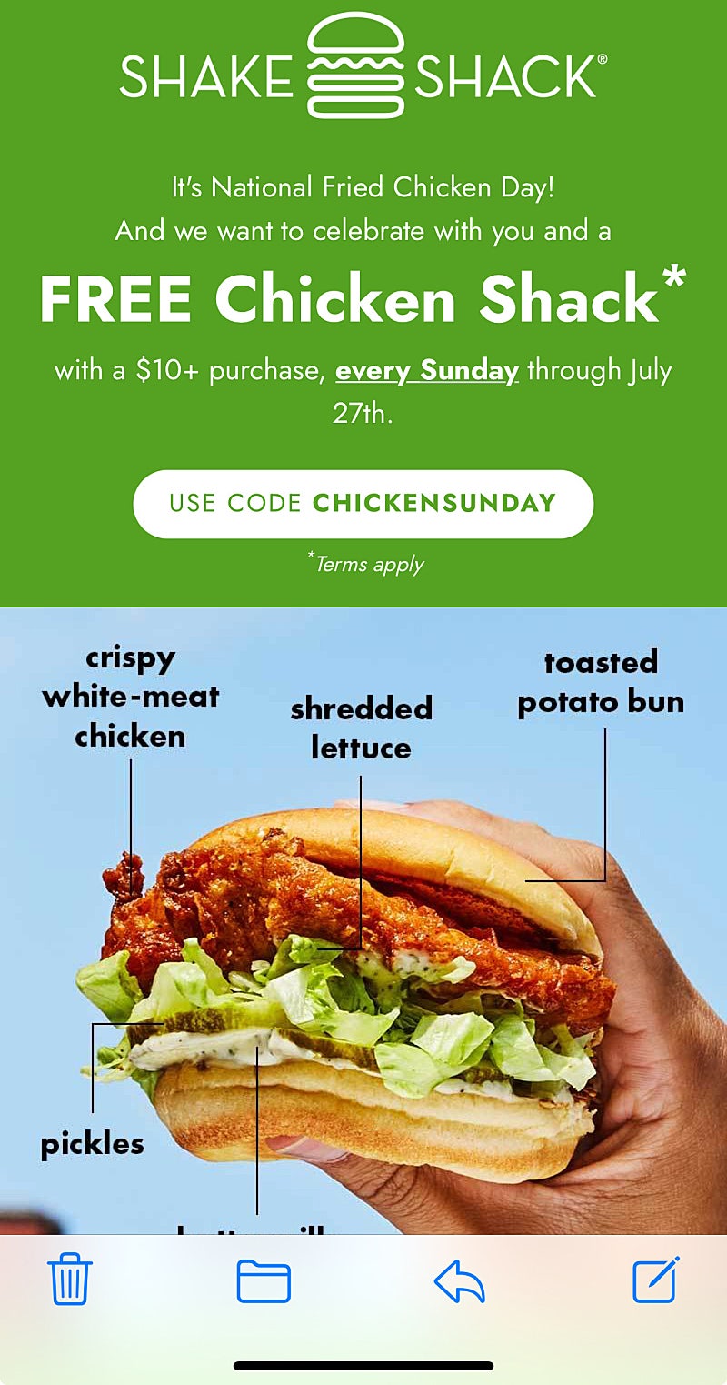 쉐잌쉑 (Shake Shack) 매주 일요일 무료 치킨 샌드위치 (~7/27, $10 이상 주문 시)
