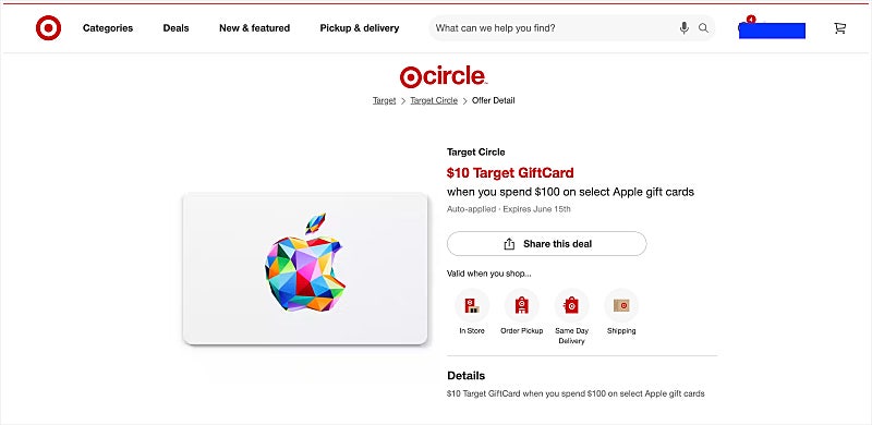 Apple 기프트 카드 $100 구입 시 타켓 $10 기프트 카드 제공 (~6/15)